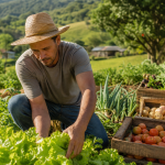 Agricultor familiar colhe hortaliças em propriedade rural beneficiada por programa de apoio ao crédito