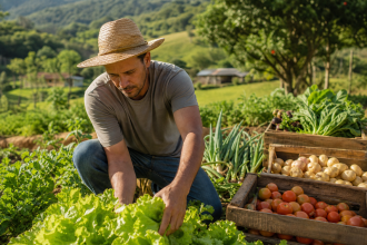 Agricultor familiar colhe hortaliças em propriedade rural beneficiada por programa de apoio ao crédito