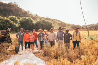 Grupo diversificado de agricultores reunido em um campo iluminado pelo sol.