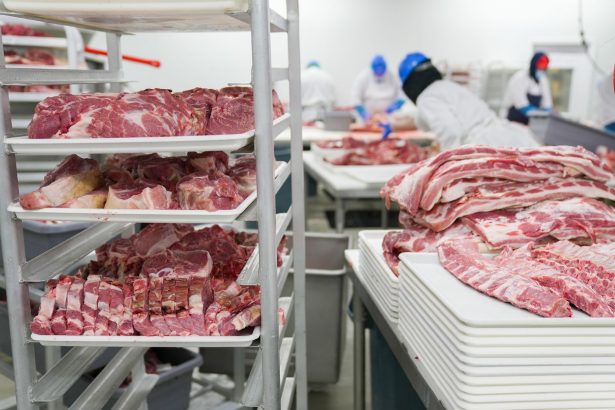 Trabalhadores manipulam cortes de carne em bandejas dentro de uma unidade industrial de processamento de alimentos.